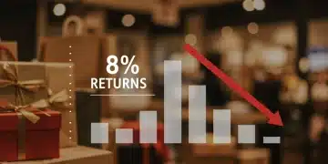 Graphic depicting an 8% reduction in holiday returns for 2025, with festive shopping imagery.