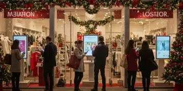 Festive retail storefront with shoppers and digital displays for 2025 holiday sales