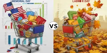 2025 Labor Day vs. Memorial Day Sales: Performance Analysis Comparison of 2025 Labor Day and Memorial Day sales trends with shopping carts and data charts.