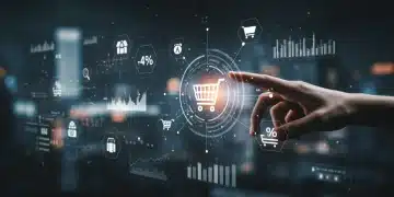 Futuristic shopping interface with AI-powered deal alerts and digital data streams.