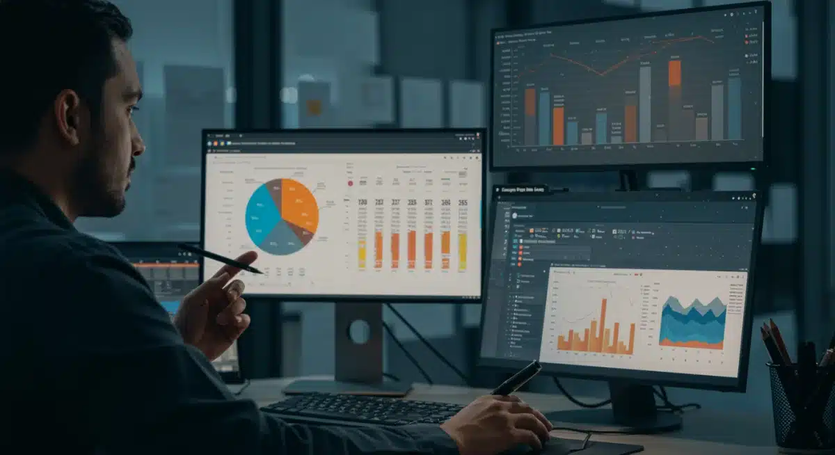 Analyst reviewing competitor pricing and promotional data on multiple screens.