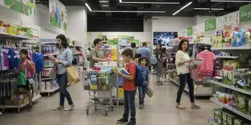 Families shopping for back-to-school supplies in a modern retail store, highlighting diverse consumer interactions with products and technology.