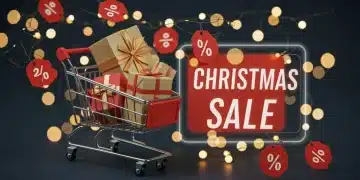 Vibrant online shopping cart with Christmas gifts and discount tags for a successful holiday sale.