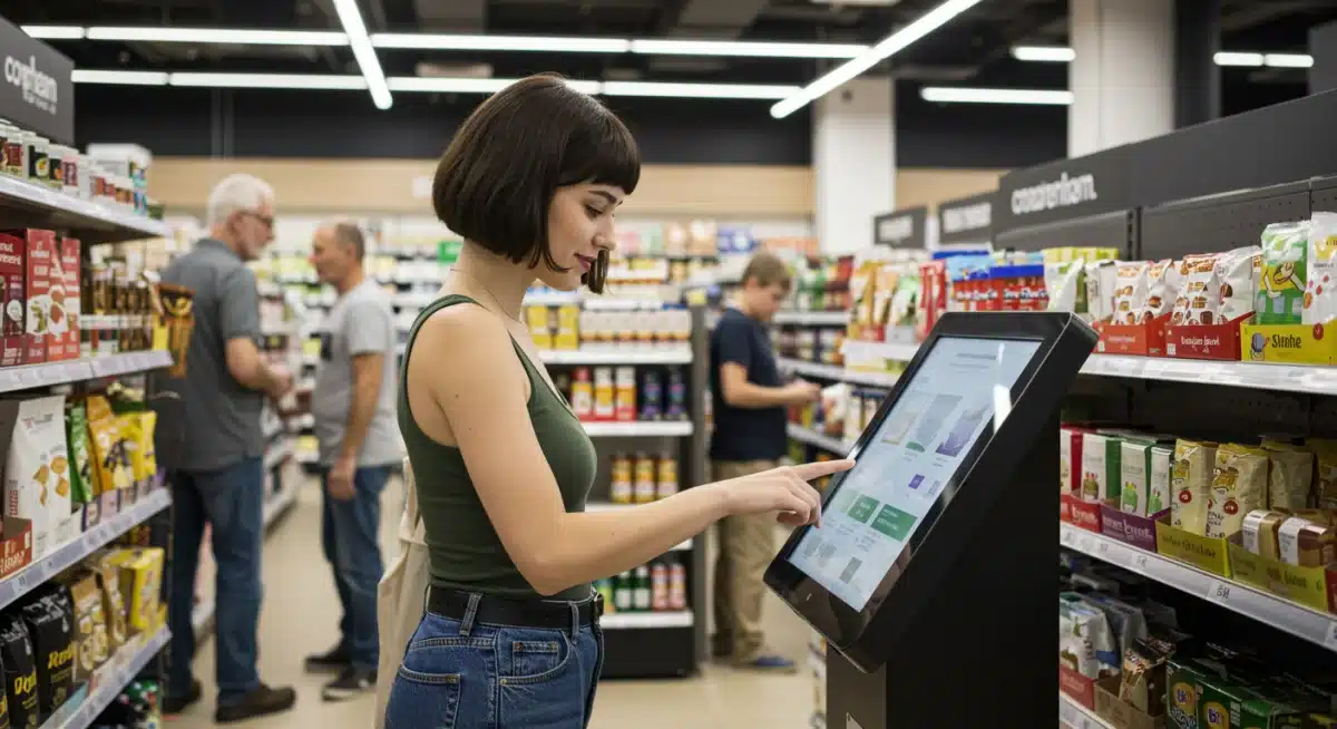 Customer engaging with digital kiosk for personalized product recommendations in retail.