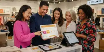 Smiling customers engaging with a digital loyalty program, representing increased satisfaction and repeat business in a modern retail setting.