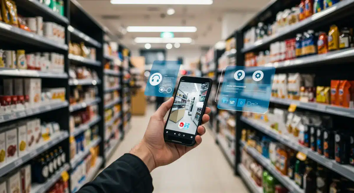 Customer using mobile app with AR in retail store for personalized product recommendations.