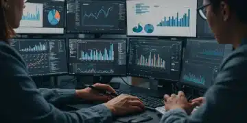 Data analyst reviewing 2025 seasonal demand forecast on multiple screens