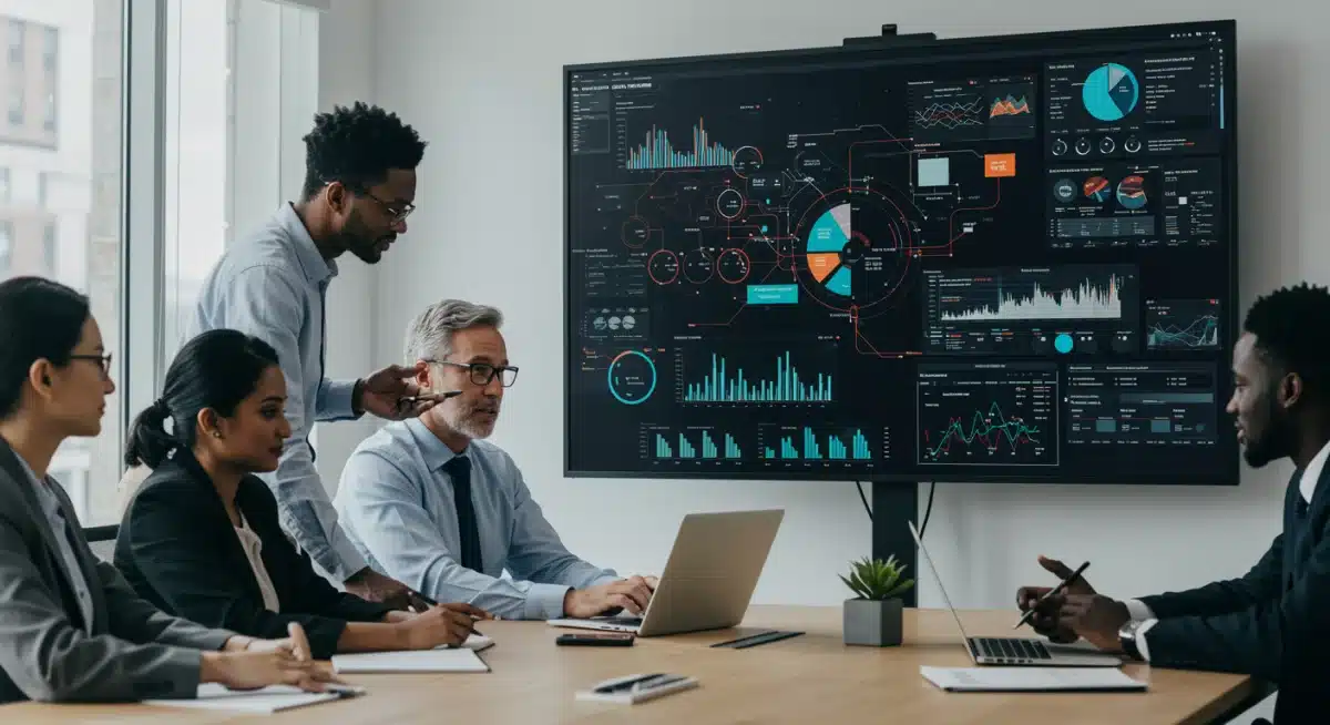 Business professionals analyzing data on a screen, working on supply chain risk mitigation strategies.