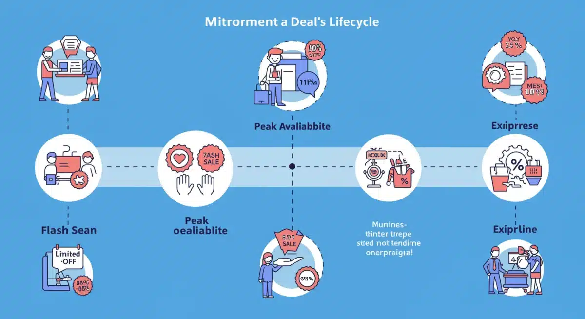Infographic illustrating the lifecycle of a deal alert from announcement to expiry