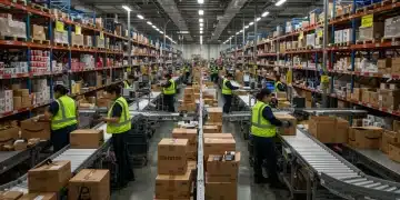 E-commerce fulfillment center buzzing with activity for post-holiday sales