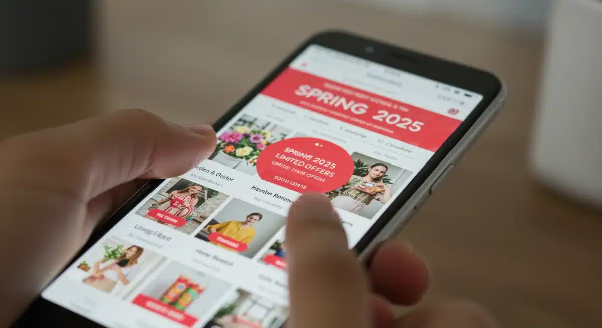Smartphone displaying e-commerce spring 2025 sales and limited-time offers, highlighting digital marketing strategies and online shopping engagement.