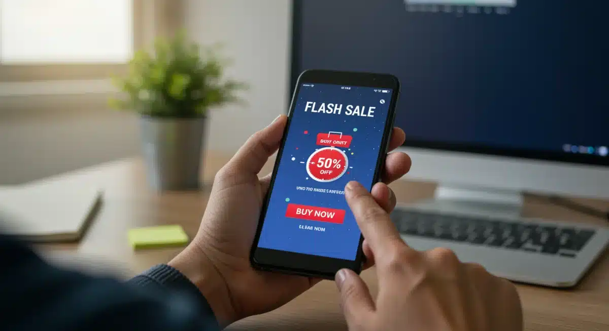 Person reacting quickly to a flash sale alert on a smartphone.