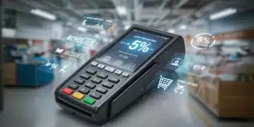 Futuristic payment terminal showing 5% cost reduction for online businesses
