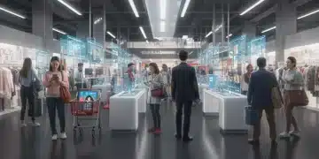 Futuristic shoppers engaging with digital retail displays and smart devices in a vibrant Q4 2025 sales environment.