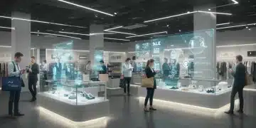 Futuristic retail store with holographic displays and diverse shoppers