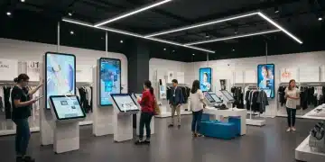 Futuristic retail store with interactive digital displays and customers engaging with smart technology.