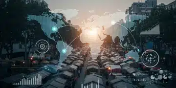 Cross-Border E-commerce: Unlocking 20% More Revenue by 2025 Global e-commerce network with digital financial graphs and diverse consumer icons