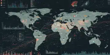 Global supply chain network with digital overlays for risk and financial impact analysis, focused on US businesses.