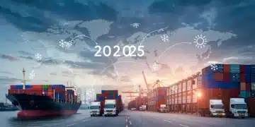 Global supply chain network with ships, trucks, and warehouses, symbolizing 2025 seasonal inventory management.