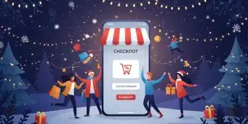 Mobile phone showing successful holiday e-commerce checkout, festive background