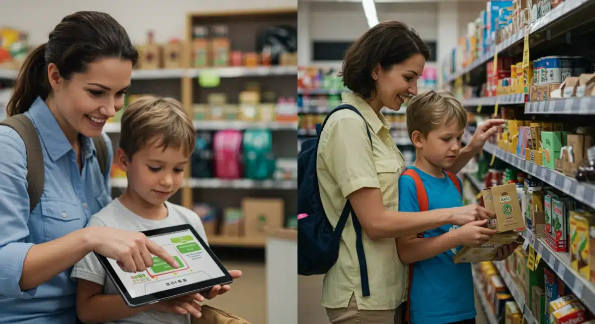 Hybrid back-to-school shopping experience, combining online browsing with in-store selection of sustainable products.