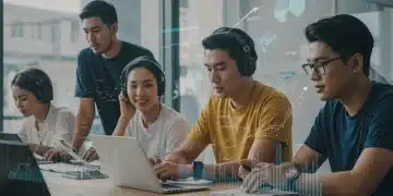 Influencers collaborating with data analytics overlays, illustrating influencer marketing ROI in 2025.