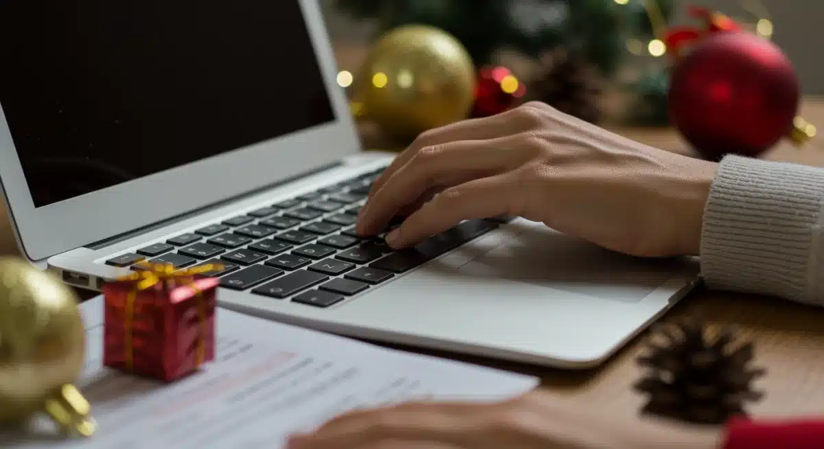 Hand typing on a laptop, festive decorations, spreadsheet for last-minute holiday sale management.