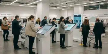 Diverse shoppers engaging with modern retail technology in a contemporary store.