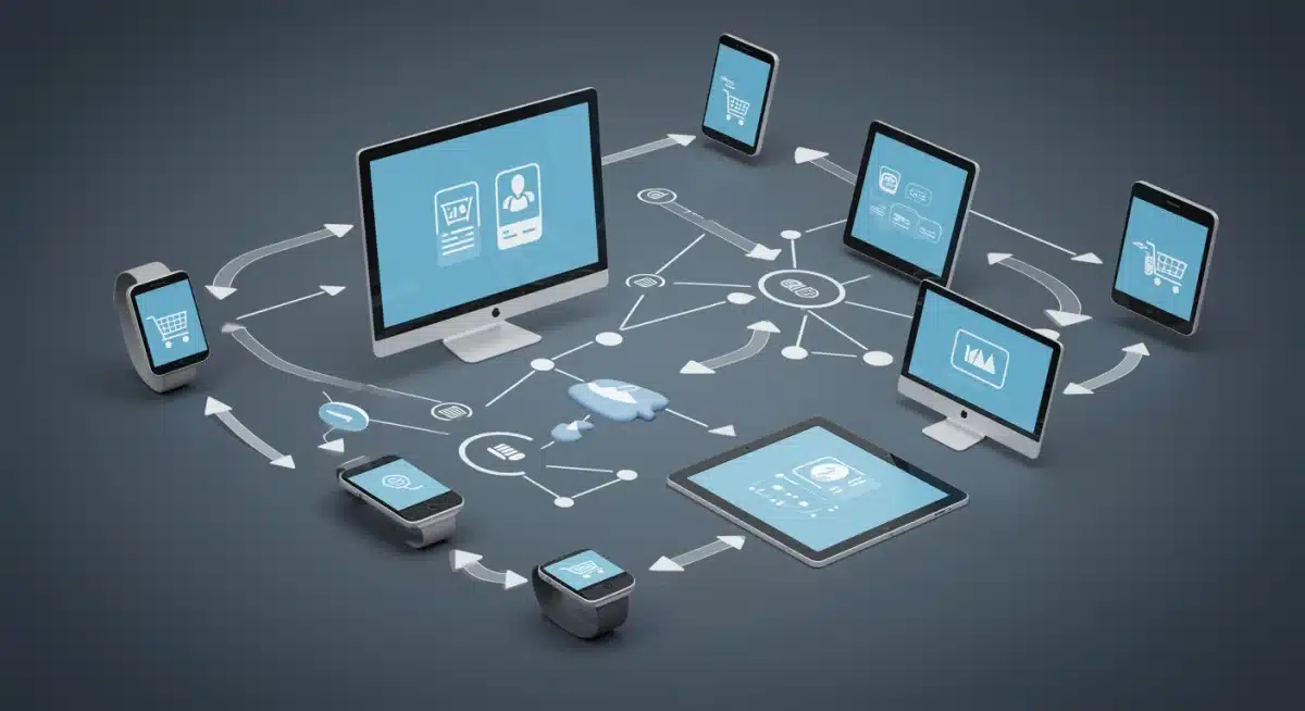 Interconnected digital devices illustrating omnichannel mobile commerce experience