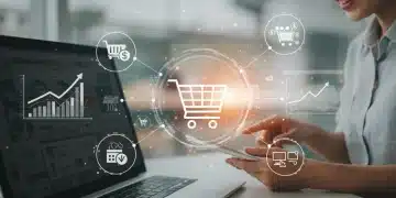 Illustration of online retail success with shopping cart, growth charts, and customer interaction