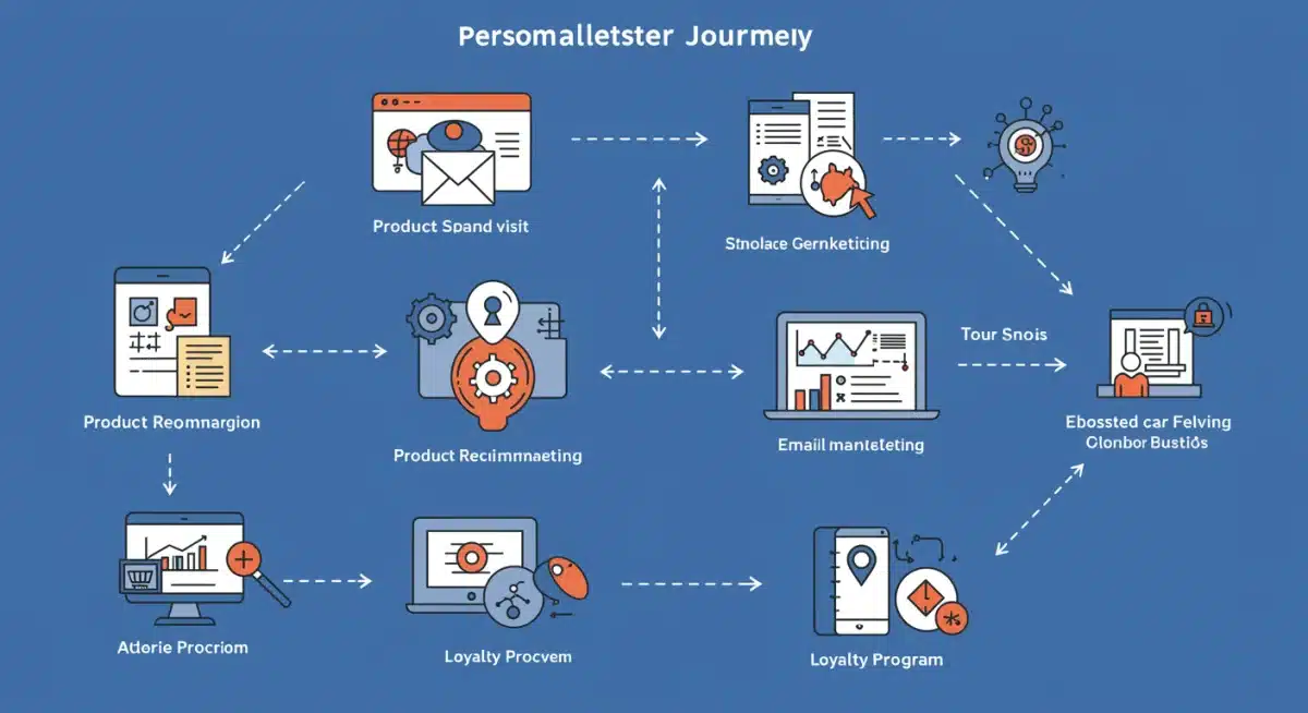 Diagram showing a personalized customer journey flow with various touchpoints and data analytics