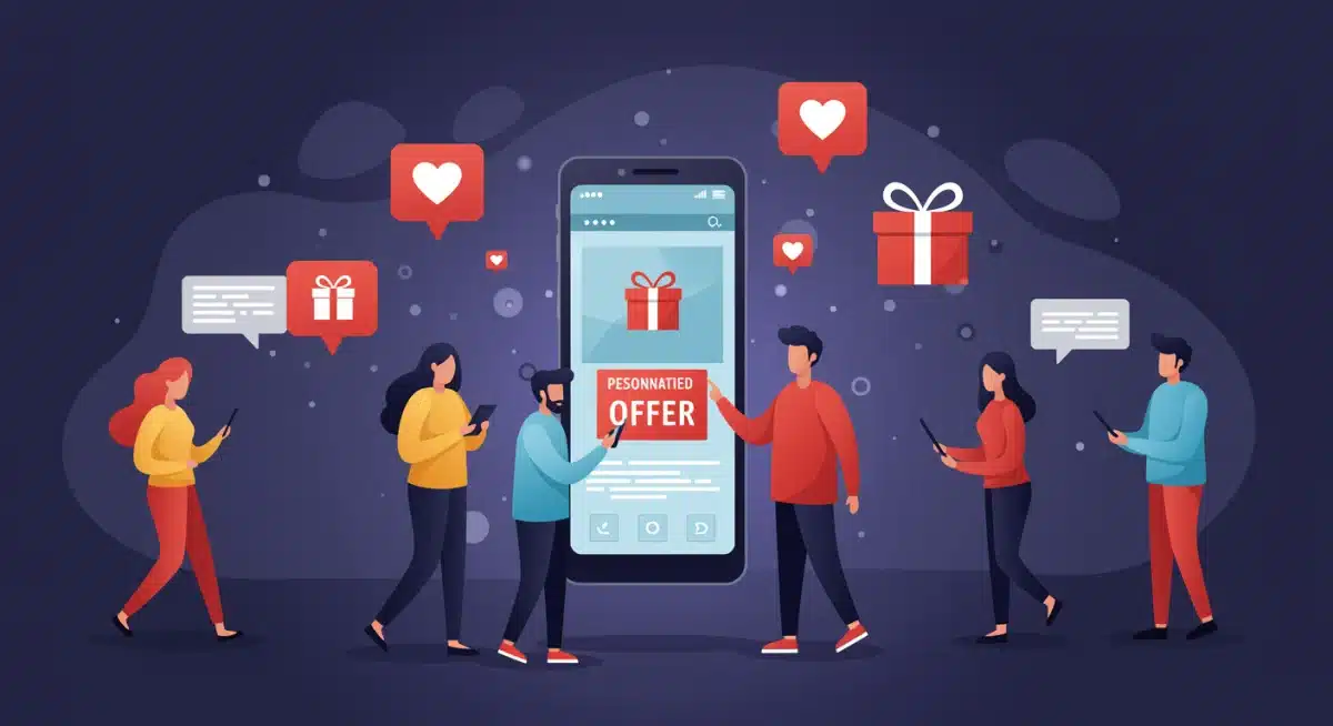 People interacting with personalized digital Valentine's Day offers on mobile devices.
