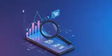 Magnifying glass over price chart predicting drops, smartphone with deal alert