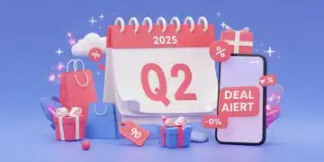 Q2 2025 calendar with shopping items and deal alerts on a smartphone, symbolizing seasonal savings.
