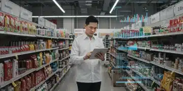 Retail manager analyzing inventory data on a tablet in a modern store setting