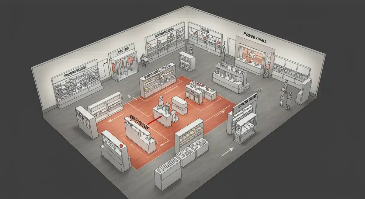 Overhead retail store floor plan with marked zones and customer flow