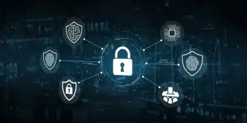 Secure online transaction with digital padlock and cybersecurity icons