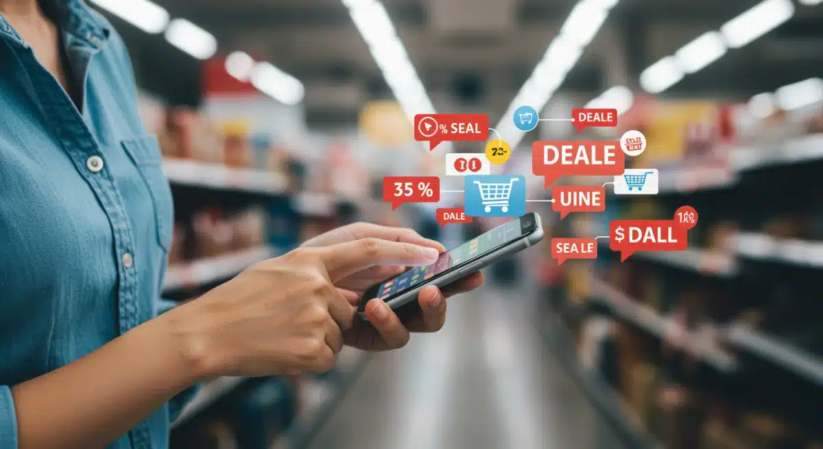 Excited shopper checking smartphone for Q2 2025 deal alerts and notifications.