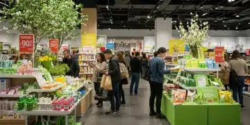 Shoppers enjoying vibrant Spring 2025 sales in a modern retail store, capturing the energy of seasonal promotions and new product launches.
