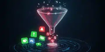 Futuristic funnel illustrating streamlined deal acquisition process with digital alerts and successful purchases