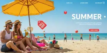 Vibrant beach scene with diverse families enjoying summer activities, subtly integrated with digital campaign elements.