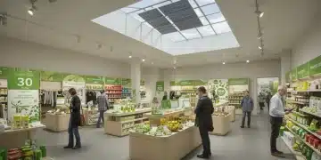 Modern eco-friendly retail store showcasing sustainable products and energy-efficient design.