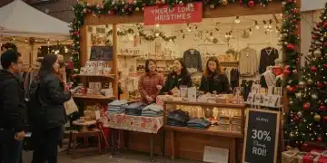 Vibrant pop-up shop during holiday season with customers and festive decor, highlighting retail success.